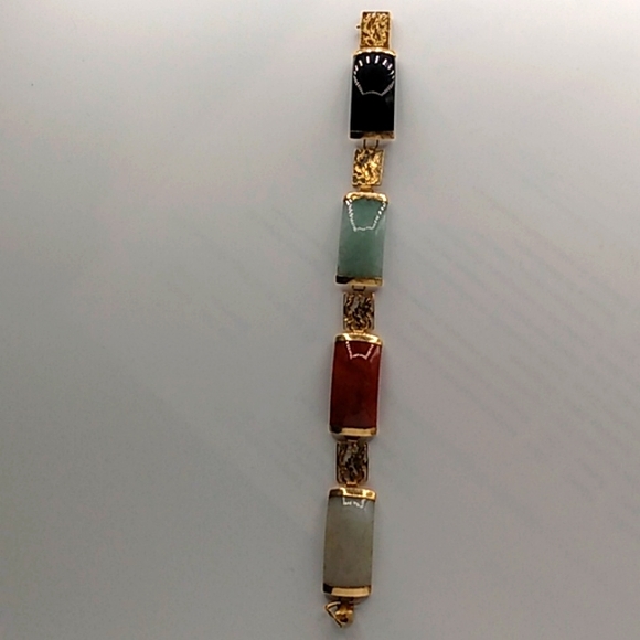 14 KT GOLD Bracelet Solid and JADE Multi-Color Flex Links  Estate Size Medium - Picture 2 of 11